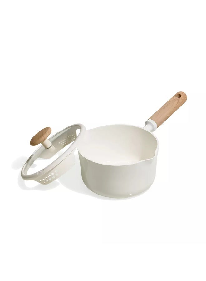 Carote 1.9 Litre Ceramic Nonstick Saucepan with Dual-Size Strainer Lid, PFAS-Free Healthy Cooking, Ergonomic Wood-Like Handle, Full-Spray Base, All-Stovetop Compatible, Dishwasher Safe (Cream) - Image 1